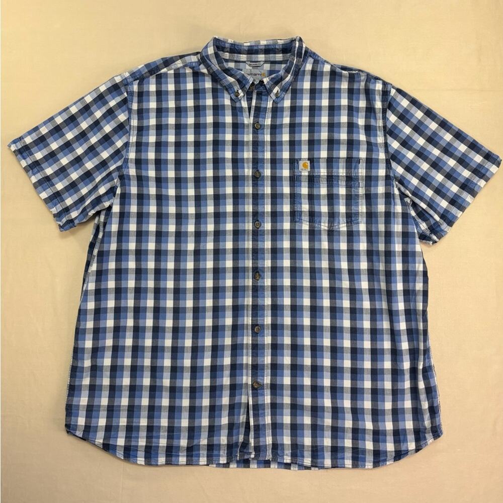 Carhartt Men's Blue Checkered Plaid Relaxed Fit Short Sleeve Shirt Size 2XL
